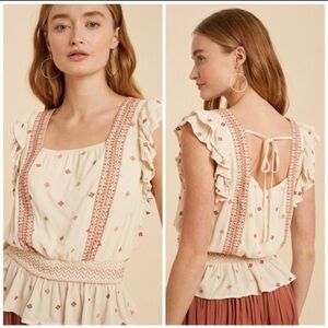 Embroidered Ruffle Sleeve Apron Top